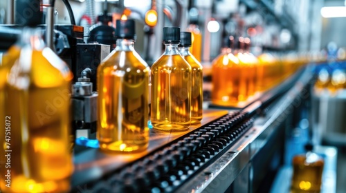Bottles moving on a conveyor belt, suitable for industrial concepts