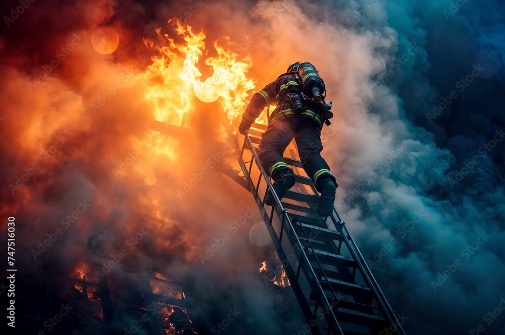 Firefighter climbing ladder to the fire. Burning industrial building. Fire department, emergency response, rescue operations concept. Heroism and bravery. Design for banner, poster.