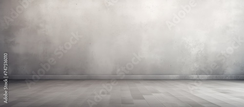 A black and white picture showcasing an empty room with a grey background, light muted defocus ombre pattern, and blurred textures on the wall and floor. © Vusal