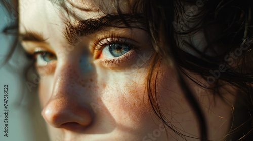 Close up of a woman's face with freckles, perfect for beauty or skincare concepts