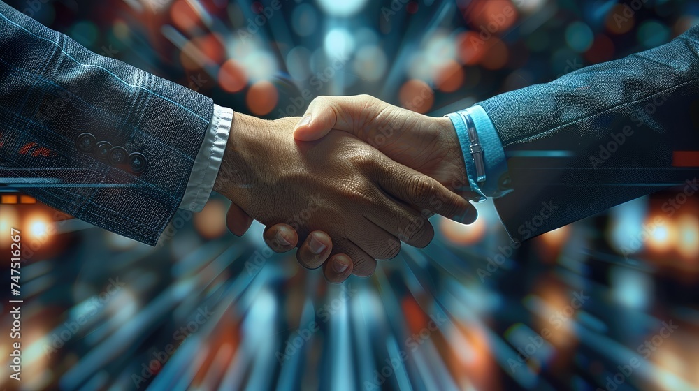 Close-up business handshake between business partners, on background technology, symbolizing unity, understanding and teamwork. Generative AI. - obrazy, fototapety, plakaty 
