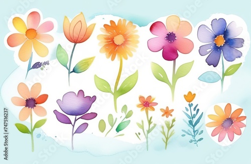 Watercolour set of flower elements, floral collection with petals and leaves on blue background. Watercolor decoration for wedding invitation, greeting postcard template.