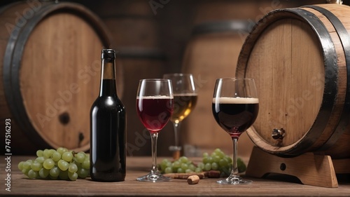 Beer And Wine Barrel With Glass Wine.