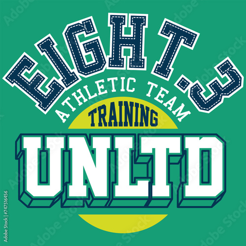 collection of collegiate or varsity style designs, with patches and numbers alluding to sports, cities, number of players, and student mascots, urban touches and modern and attractive colors.
