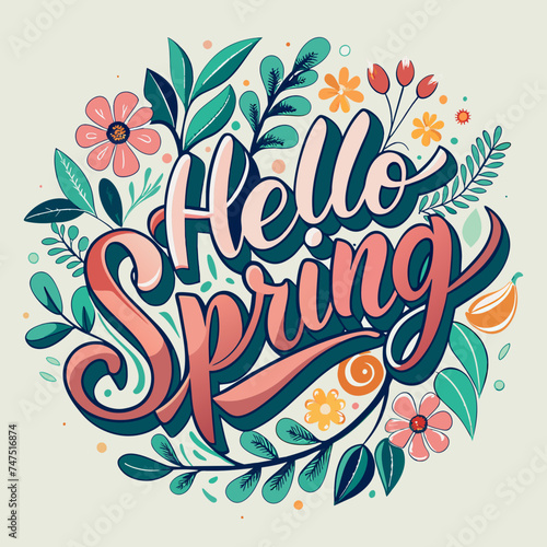 Hello Spring Handwritten Calligraphy Logo Vector Design