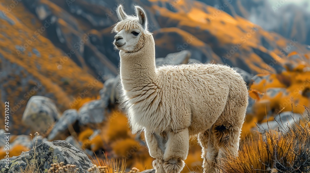 Obraz premium Alpaca on mountain. Generative AI.