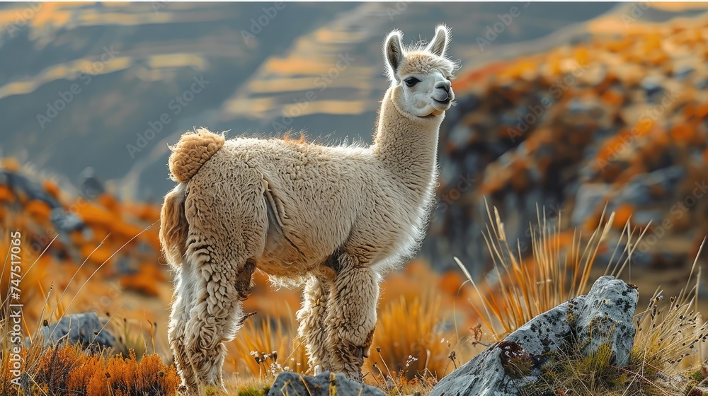 Fototapeta premium Alpaca on mountain. Generative AI.
