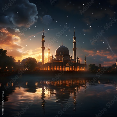 the crescent moon hangs gracefully over the minarets of a mosque