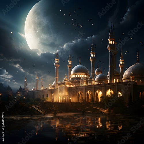 the crescent moon hangs gracefully over the minarets of a mosque