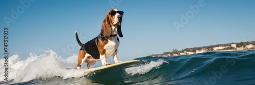 Banner with a funny surfing beagle dog in sunglasses, great for travel and vacation ads, showcasing surfing gear, and adding a playful vibe to summer events and festivals photo