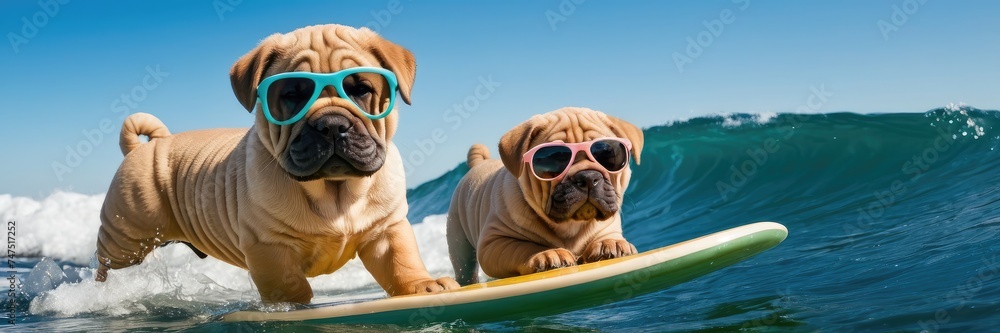 A banner with a two funny shar pei dog surfing in sunglasses—great for social media, surfing school promotions, beach resorts, and surfing events concepts