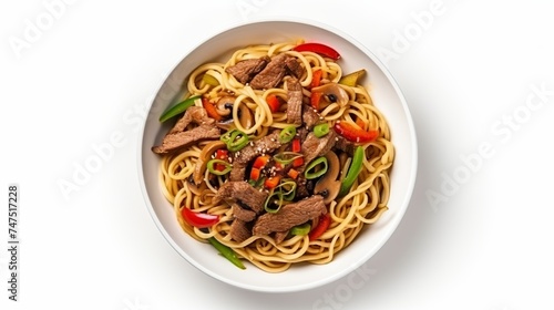 Noodles with meat and vegetables isolated on white background, top view