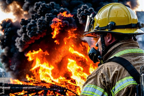 Firefighter extinguishing a fire. Firefighters fighting a fire.
