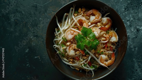 A delicious bowl of food with shrimp and noodles. Perfect for food blogs and restaurant menus