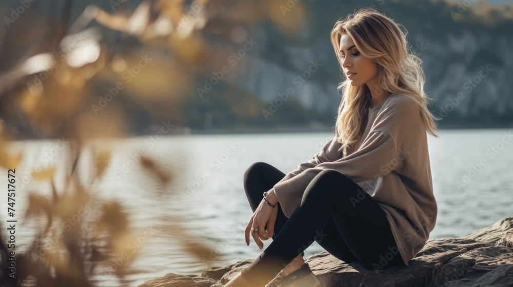 A woman sitting peacefully on a rock by a tranquil body of water. Suitable for nature and relaxation concepts - obrazy, fototapety, plakaty 