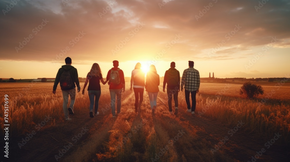 A group of people walking down a dirt road. Suitable for travel or adventure concepts