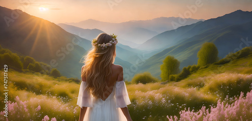 Celebrating Spring: woman with floral headpiece. Rear view of a lady embracing springtime beauty in a beautiful mountain meadow