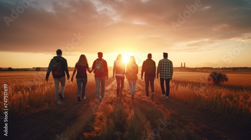 A group of people walking down a dirt road. Suitable for travel or adventure concepts