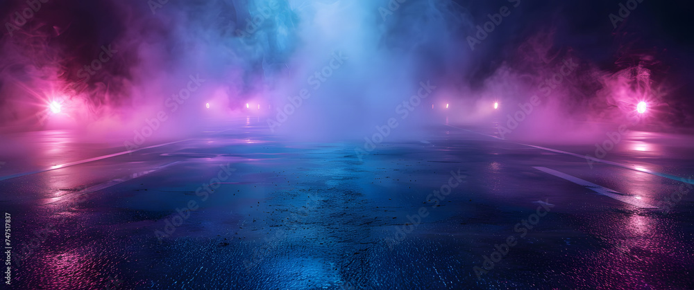 Empty asphalt road with lights and fog. Night scene. Abstract dark stage shows, blue, and purple background, with smoke floating up for display products