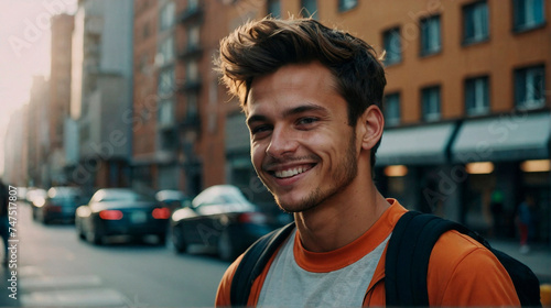 A portrait of sporty smiling young man standing on a city street