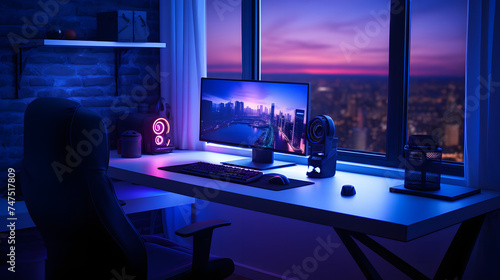 A vibrant, modern gaming room setup with blue and purple neon lights casting a glow over the desk, computer, and peripherals
