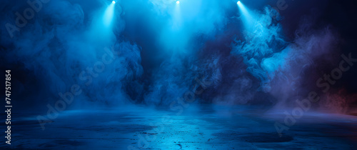 Empty dark blue stage with spotlights  smoke float up and rays of light. Stage background. A dark empty street  dark blue background  an empty dark scene  neon light  spotlights.