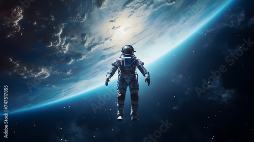 Astronaut in space. Astronaut spaceman in space suit do spacewalk while working for space station. 