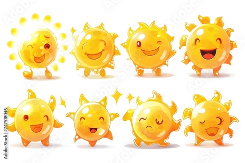A set of cartoon sun characters with various expressions. Ideal for children's illustrations and educational materials