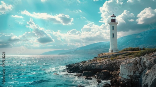 A picturesque lighthouse standing on rocky shore by the ocean. Suitable for travel brochures or coastal themed designs
