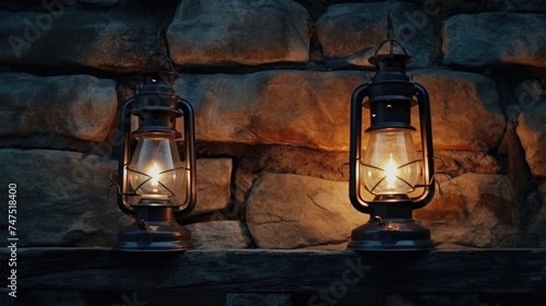Couple of lanterns on top of a stone wall, suitable for outdoor decor