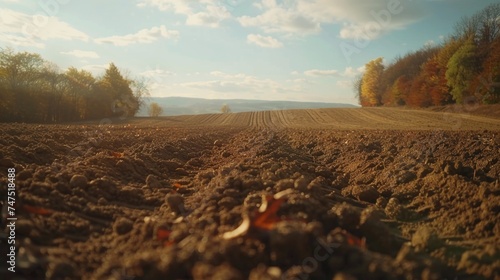 A scenic view of a plowed field with trees in the background. Suitable for agricultural and nature-related projects