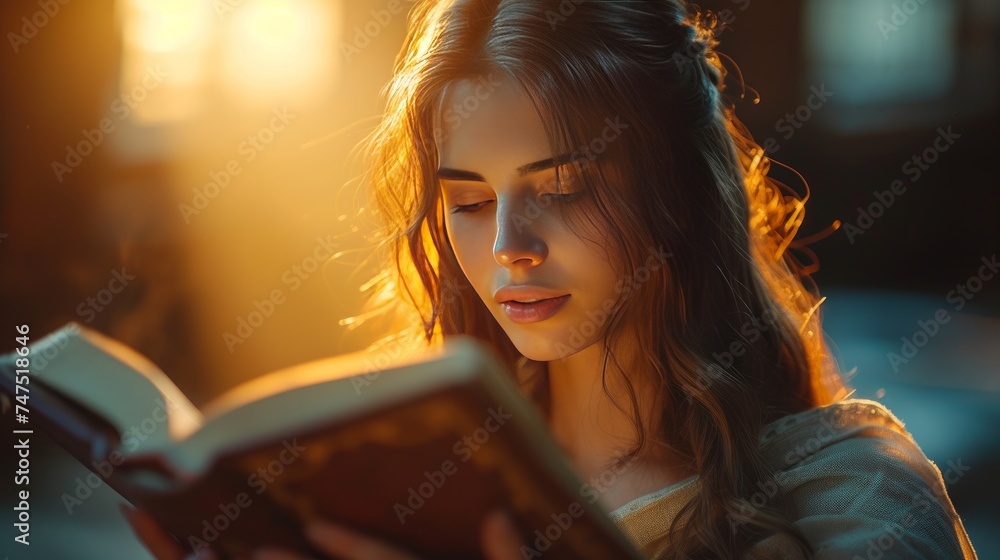Fototapeta premium Engrossed in Literature - Woman Reading in Golden Light