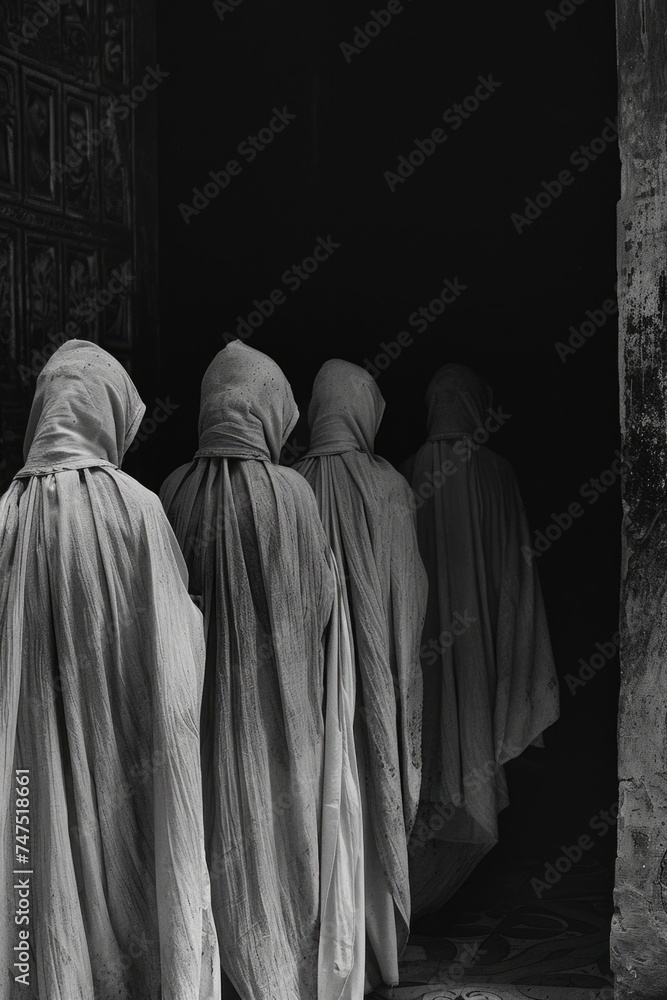 Naklejka premium A group of people standing together in front of a door. Suitable for team building concepts