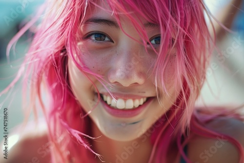 A woman with pink hair smiling for the camera. Perfect for lifestyle and beauty concepts