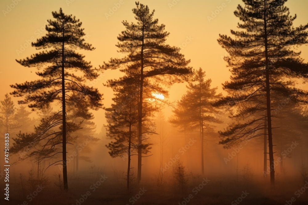 Sun setting behind trees in fog, perfect for nature backgrounds
