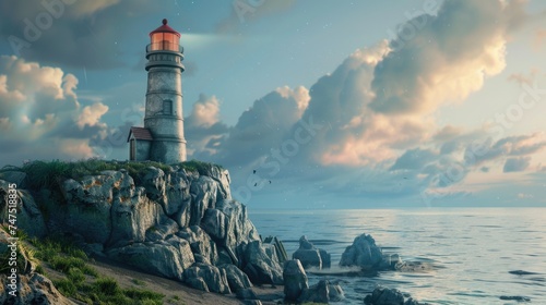 A lighthouse perched on a cliff overlooking the ocean. Ideal for travel brochures or coastal themed designs