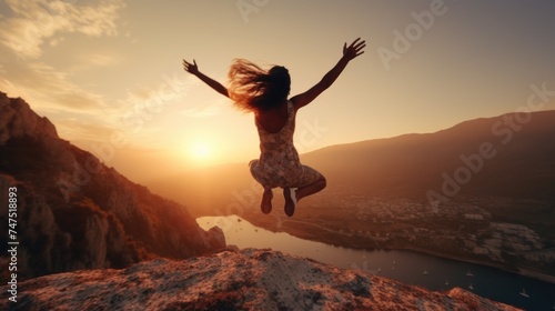 A woman jumping in the air on top of a mountain. Perfect for outdoor adventure concepts