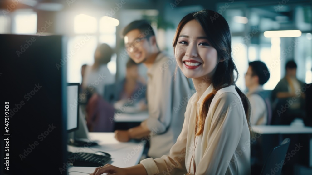 A woman sitting at a desk in front of a computer. Suitable for business and technology concepts A woman sitting at a desk in front of a computer. Suitable for business and technology concepts