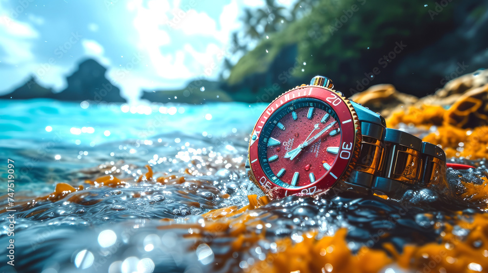 Luxurious Red Dive Watch by Seaside