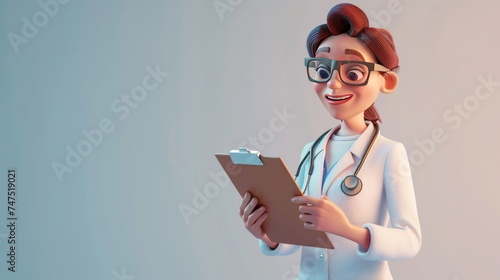 3d Young woman doctor with stethoscope and clipboard.