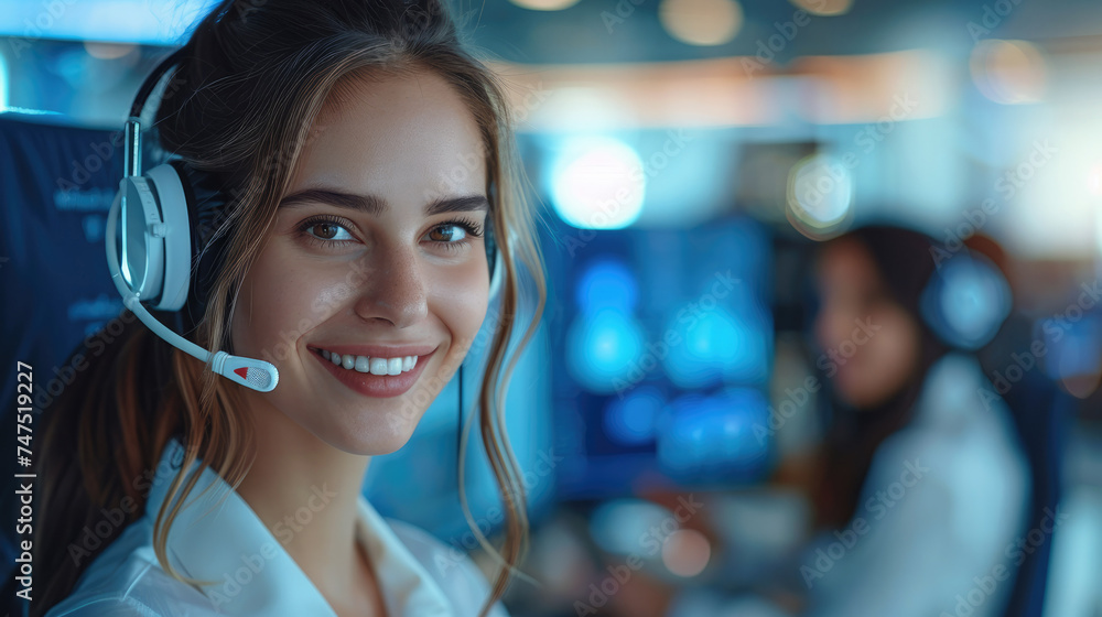 Fototapeta premium Call center woman with AI and happy customers. Generative AI.