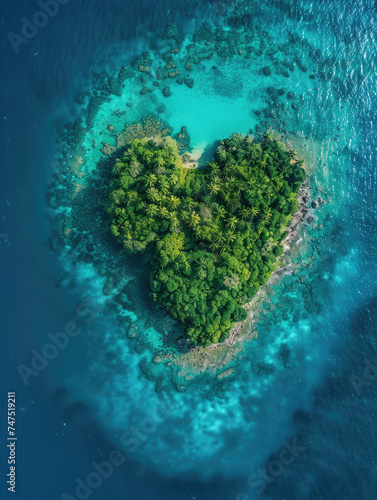 Verdant heart-shaped island from above - Lush green heart-shaped island amidst azure waters, symbolizing love and tranquility