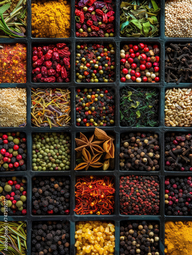 Various colorful spices in compartment box - An intricate display of assorted spices neatly organized in compartments suggests culinary diversity and flavor