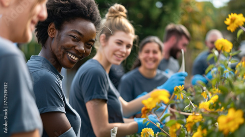 A series of photos capturing employees' participation in volunteer and community service activities, dressed in corporate attire and representing the company's values — Creation an