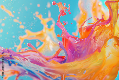 Vibrant splash of colors on a blue backdrop - A high-speed capture of a dynamic and vibrant splash of multi-colored paint creating abstract art against a blue background