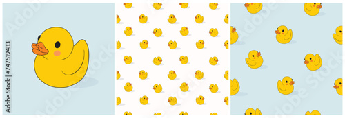 Cute Rubber Duck. Funny Hand Drawn Vector Print and Seamless Pattern with Lovely Yellow Rubber Duck. Yellow Bath Toy Isolated on a White and Light Blue Background.Duck Pattern Perfect for Fabric,Card.