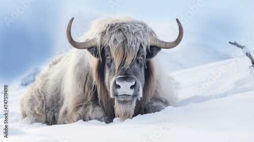 A yak resting in a snowy landscape, suitable for nature concepts