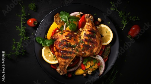 Plate of grilled chicken with vegetables on a dark background, top view