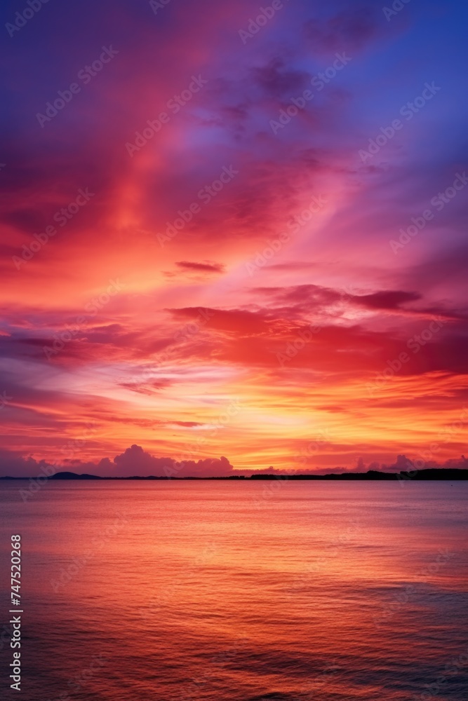 Vibrant sunset reflecting on a peaceful body of water. Suitable for various nature and travel concepts