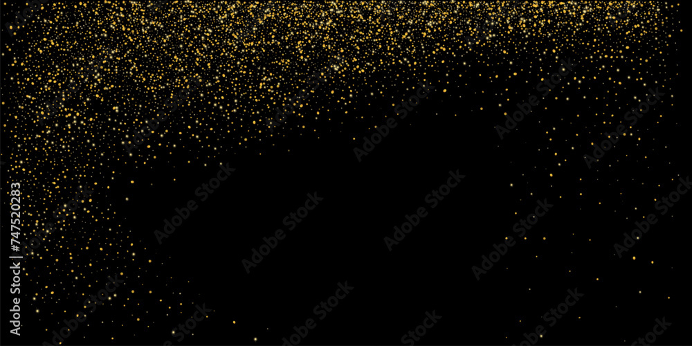 Gold dust. Confetti with gold glitter on a black background. Shiny scattered sand particles. Decorative elements. Luxury background for your design, cards, invitations. Vector